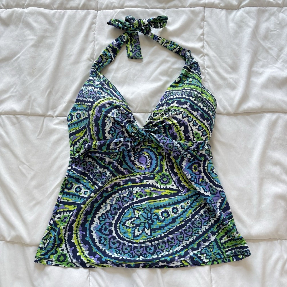 Ralph Lauren Tankini Top Swimsuit Womens 12 Blue Green Paisley Padded‎ Halter